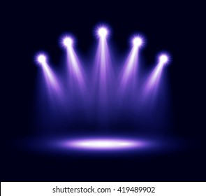 Colorful five realistic bright projectors for scene lighting isolated on black background. Vector special light effects