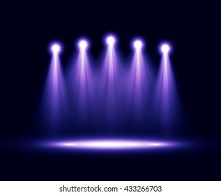 Colorful five realistic bright projectors for scene lighting isolated on black background. Vector special light effects