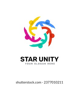 Colorido icono de cinco estrellas Resumen Logo de personas aisladas en fondo blanco. Plantilla de diseño de logotipos de vectores planos