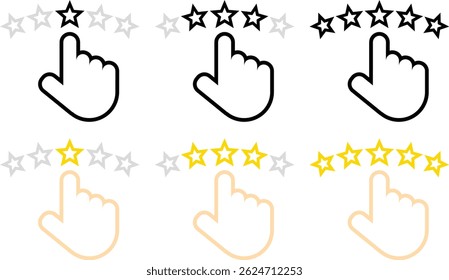 Colorful Five Star rating with click hand icon. Customer satisfaction meter with star. Give Excellent feedback digital review icon. Quality rank set. Best choice illustration. Hand touching for Rating