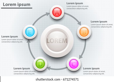 Colorful five topics 3d paper circle with white circle in center for website presentation cover poster vector design infographic illustration concept