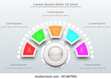 Colorful Five topics of half pie chart 3d paper with circle in center for presentation cover poster vector design infographic illustration concept