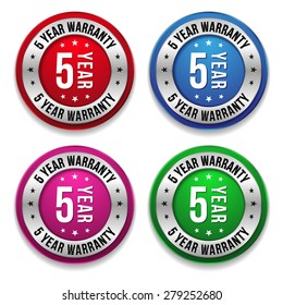 Colorful five year warranty badges on white background