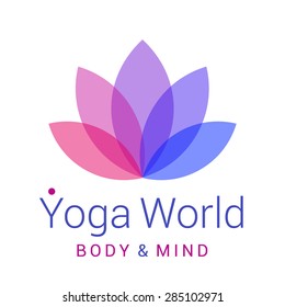 Colorful Five-petals Lotus Flower As Symbol Of Yoga. Sample Text - Yoga World, Body And Mind. Vector Illustration For Yoga Event, School, Club, Web.