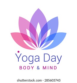 Colorful five-petals Lotus flower as symbol of yoga. Sample text - Yoga day, body and mind. Vector illustration for yoga event, school, club, web.