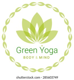 Colorful five-petals Lotus flower as symbol of yoga. Sample text - Green yoga, body and mind. Vector illustration for yoga event, school, club, web.