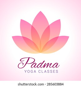 Colorful five-petals Lotus flower as symbol of yoga. Sample text - Padma, yoga classes. Vector illustration for yoga event, school, club, web.