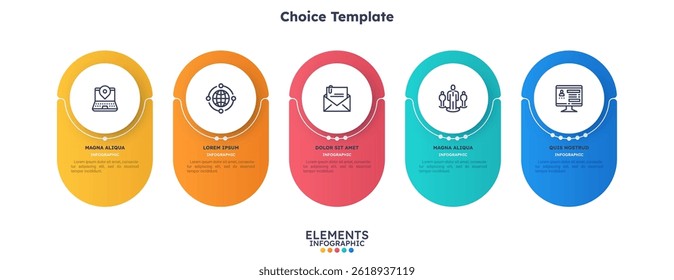 Colorful five-step circular infographic template featuring icons and text for data visualization. Perfect for presentations, reports, and digital designs. Vector illustration.