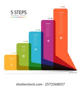 Colorful five-step infographic showcases organized data. This template emphasizes clarity and progression with each step detailed in vivid colors, enhancing comprehension.