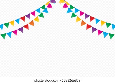 Colorful Flag Bunting Isolated On Transparent Background. Celebration And Congratulations. Sport Soccer, Football Decoration. Festa Junina Brazil. Birthday Party. Vector Illustration