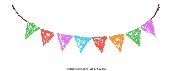 Colorful flag garland bunting. Festival or party holiday pennant banner. Christmas hanging festoon. Crayon, pastel chalk or pencil kids hand drawing doodle funny style. Cartoon flat bright simple art