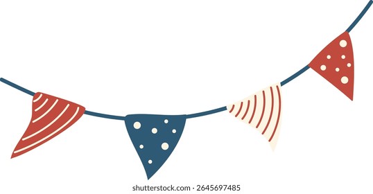 Colorful flag garland bunting illustration for festive occasions. Perfect for party designs, birthday events, carnivals, and holiday decor. Triangular pennants in bright colors, ideal for summer