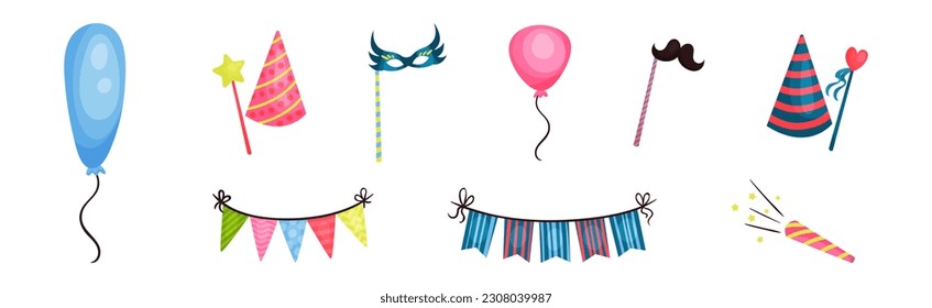 Colorful Flag Garland, Cap and Balloon as Birthday Celebration Symbol Vector Set