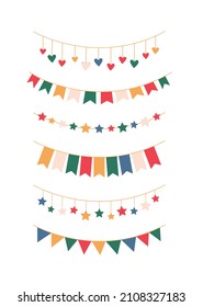 Colorful flag garland decorations. Triangle shape flag festoon, star bunting, heart hanging party decor elements. Cartoon flat style vector illustration isolated.
