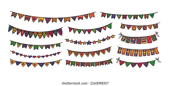 Colorful flag garlands festoon doodle illustration. Holiday festive flag buntings, birthday decor elements, carnival fiesta time. Fun and happy bright celebration. Cartoon style hand drawn vector.