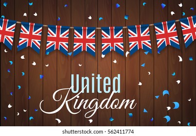 Colorful flag garlands of Great Britain, United Kingdom with confetti on wooden background. Festive background for national, formal and informal holidays in the UK. Vector illustration. EPS 10