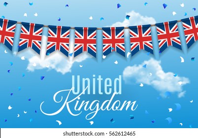 Colorful flag garlands of Great Britain, United Kingdom with confetti on blue sky with clouds background. Festive background for national, formal and informal holidays in the UK. Vector illustration