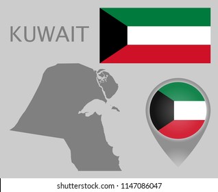 Colorful flag, map pointer and accurate gray blank map of Kuwait. High detail. Vector illustration