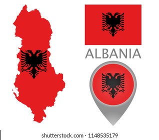 Colorful flag, map pointer and map of Albania in the colors of the albanian flag. High detail. Vector illustration