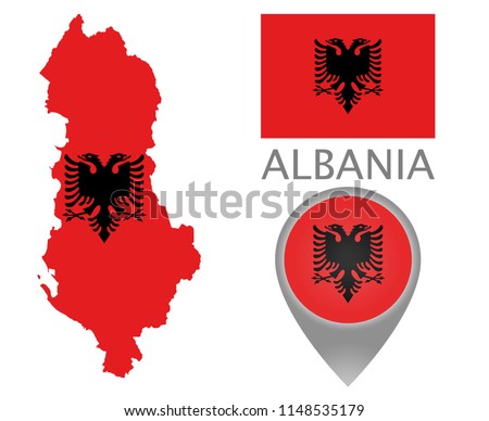 Colorful flag, map pointer and map of Albania in the colors of the albanian flag. High detail. Vector illustration