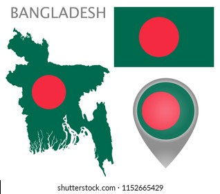 Colorful flag, map pointer and map of Bangladesh in the colors of the Bangladeshi flag. High detail. Vector illustration