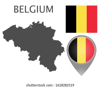 Colorful flag, map pointer and blank gray map of Belgium. High detail. Vector illustration