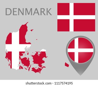 Colorful flag, map pointer and map of Denmark in the colors of the danish flag. High detail. Vector illustration