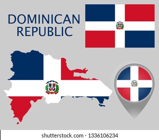 Colorful flag, map pointer and map of the Dominican Republic in the colors of the Dominican Republic flag. High detail. Vector illustration