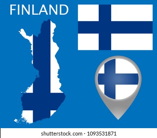 Colorful flag, map pointer and map of Finland in the colors of the Finnish flag. High detail. Vector illustration