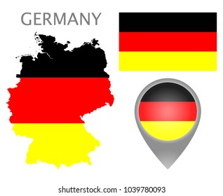 Colorful flag, map pointer and map of Germany in the colors of the German flag. High detail. Vector illustration