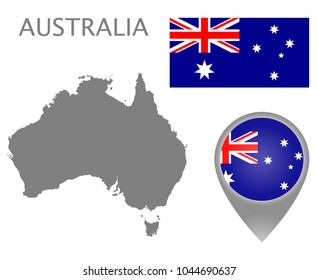 Colorful flag, map pointer and gray blank map of Australia. High detail. Vector illustration