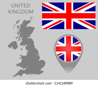 Colorful flag, map pointer and gray blank map of United Kingdom. High detail. Vector illustration