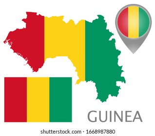 Colorful flag, map pointer and map of Guinea in the colors of the Guinean flag. High detail. Vector illustration