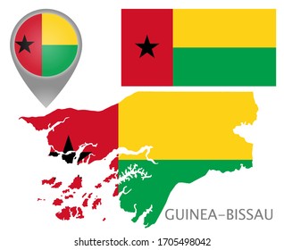 Colorful flag, map pointer and map of Guinea-Bissau in the colors of the Guinea-Bissau flag. High detail. Vector illustration