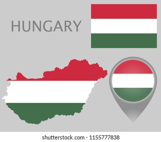 Colorful flag, map pointer and map of Hungary in the colors of the Hungarian flag. High detail. Vector illustration