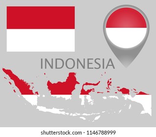 Colorful flag, map pointer and map of Indonesia in the colors of the indonesian flag. High detail. Vector illustration