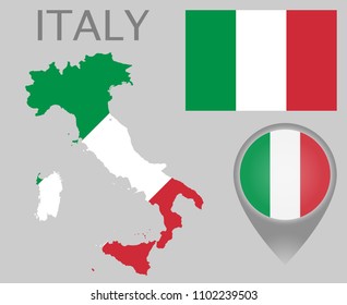 Colorful flag, map pointer and map of Italy in the colors of the Italian flag. High detail. Vector illustration