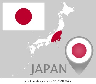 Colorful flag, map pointer and map of Japan in the colors of the Japanese flag. High detail. Vector illustration
