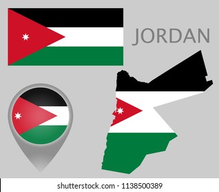 Colorful flag, map pointer and map of Jordan in the colors of the Jordanian flag. High detail. Vector illustration