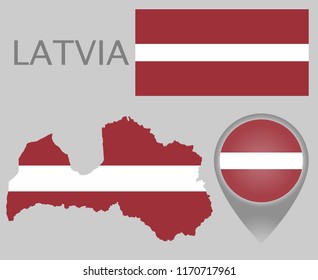 Colorful flag, map pointer and map of Latvia in the colors of the Latvian flag. High detail. Vector illustration