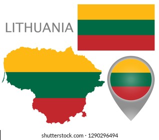 Colorful flag, map pointer and map of Lithuania in the colors of the Lithuanian flag. High detail. Vector illustration