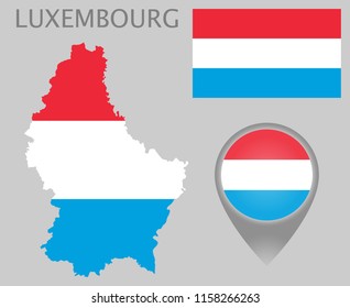 Colorful flag, map pointer and map of Luxembourg in the colors of the Luxembourgish flag. High detail. Vector illustration
