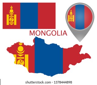 Colorful flag, map pointer and map of Mongolia in the colors of the Mongolian flag. High detail. Vector illustration