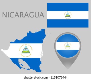 Colorful flag, map pointer and map of the Nicaragua in the colors of the ncaraguan flag. High detail. Vector illustration