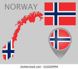 Colorful flag, map pointer and map of Norway in the colors of the Norwegian flag. High detail. Vector illustration