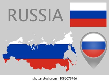 Colorful flag, map pointer and map of Russia in the colors of the Russian flag. High detail. Vector illustration