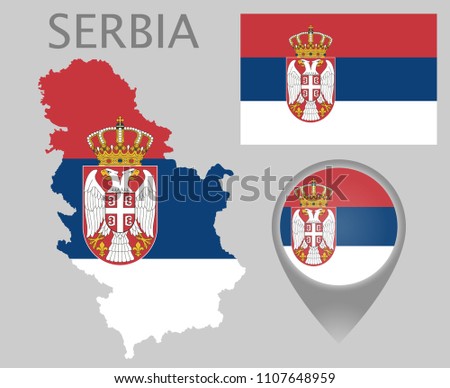 Colorful flag, map pointer and map of Serbia in the colors of the serbian flag. High detail. Vector illustration