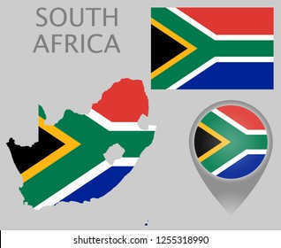 Colorful flag, map pointer and map of South Africa in the colors of the South-African flag. High detail. Vector illustration