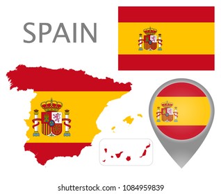 Colorful flag, map pointer and map of Spain in the colors of the Spanish flag. High detail. Vector illustration