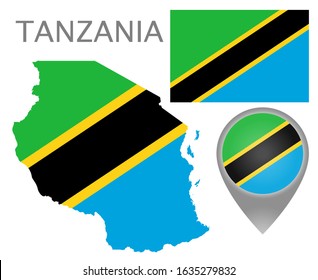 Colorful flag, map pointer and map of Tanzania in the colors of the tanzanian flag. High detail. Vector illustration